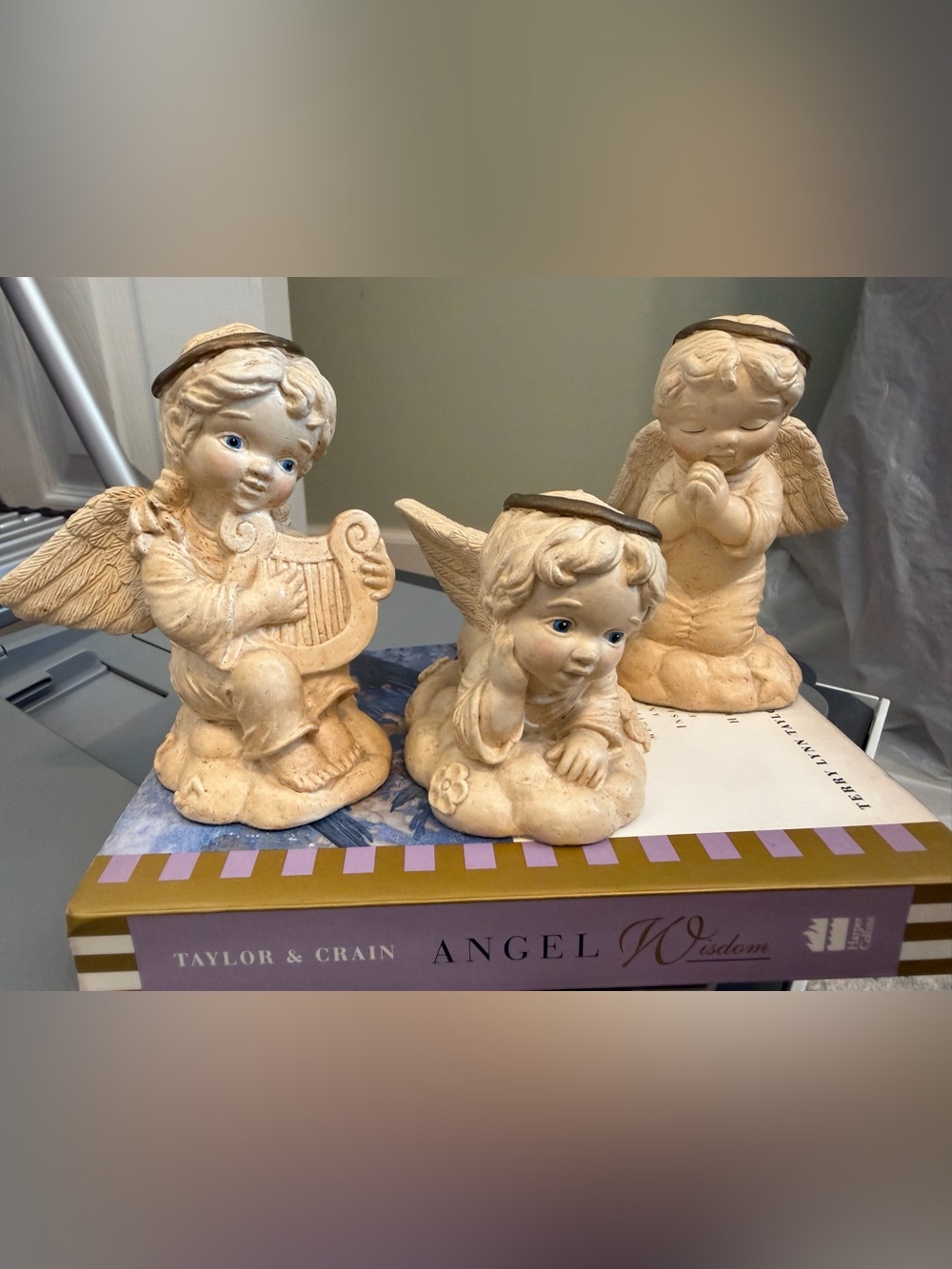 Set of 3 Cream Ceramic Angel Figurines - with Angel wisdom book